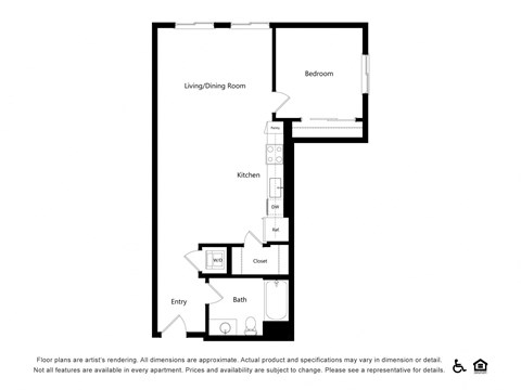Floor plan for 1 bed, 1 bath, 815 sqft